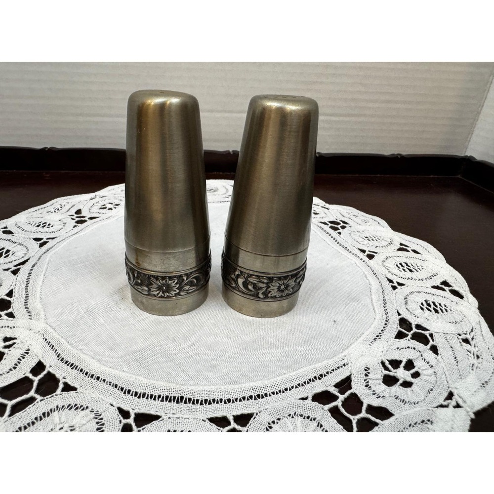 Stanley Roberts Stainless Steel Salt and Pepper Shakers Vintage Floral Japan Set